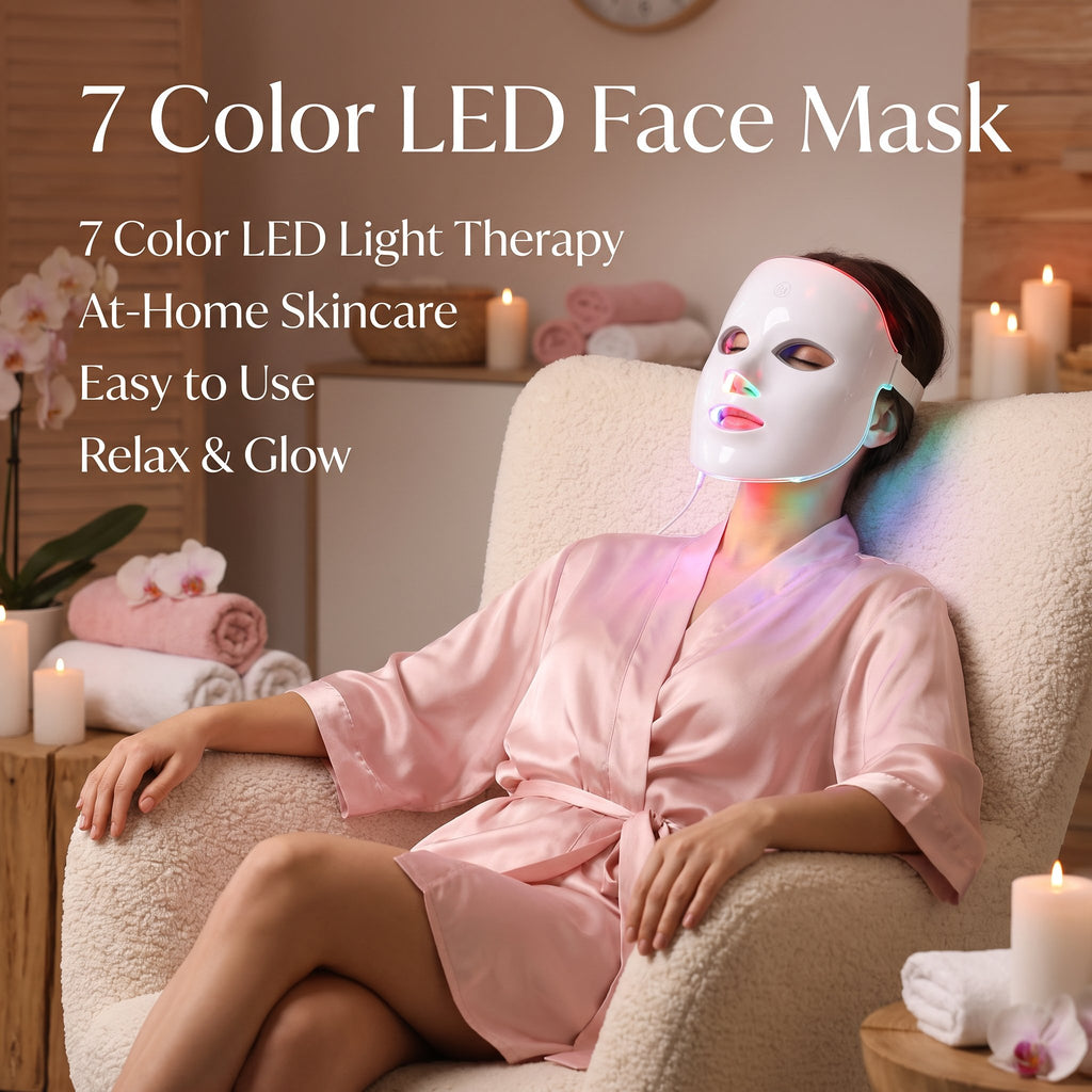 A woman reclining in a spa-style chair wearing a white LED face mask that glows with multicolor light therapy. 
