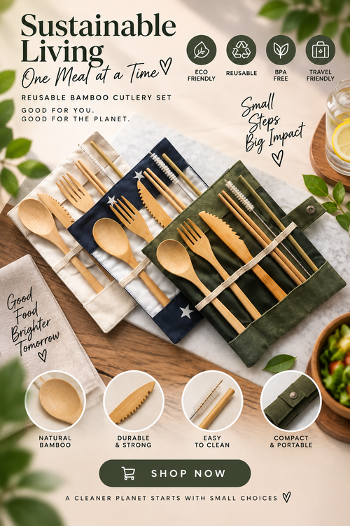 Bamboo Cutlery Set | Zero Waste Reusable | Washable Organic Cotton