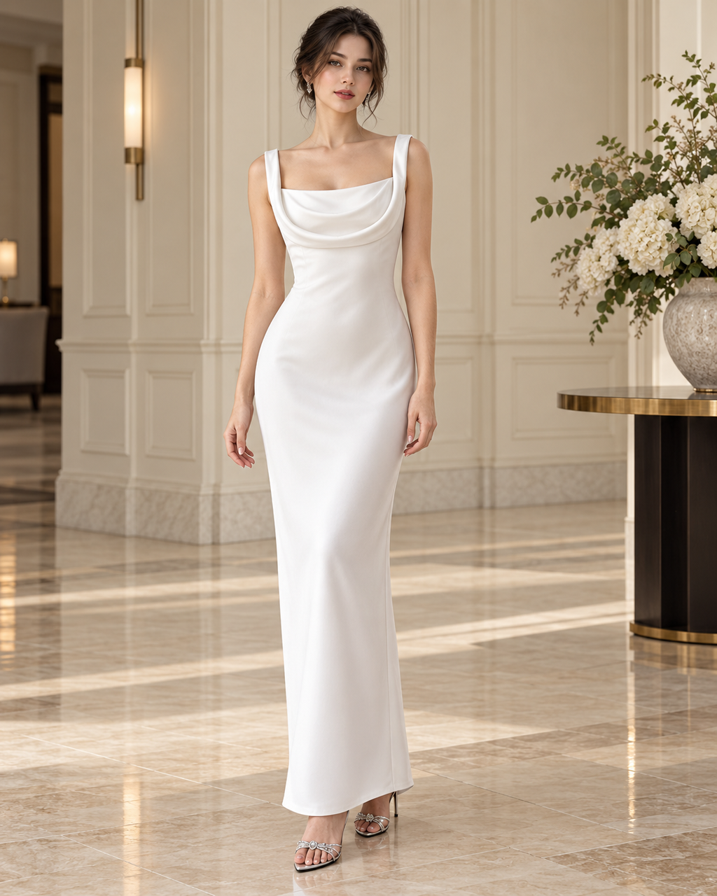 White Satin Backless Cutout Dress